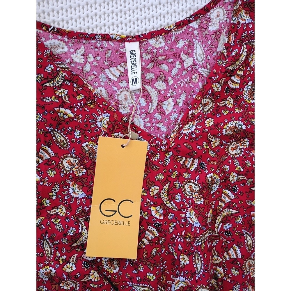 NWT Grecerelle Red Paisley Floral Maxi Dress V-Neck Short Sleeve Elastic Waist M - Picture 5 of 13